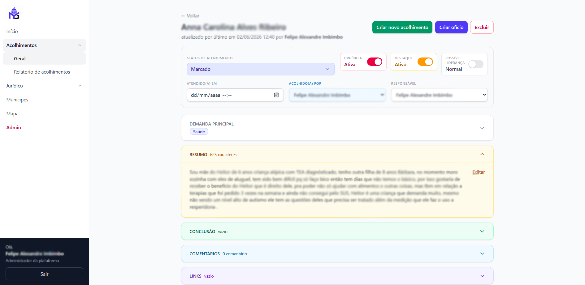Captura de tela do detalhe de uma demanda com status, responsáveis e seções de conteúdo