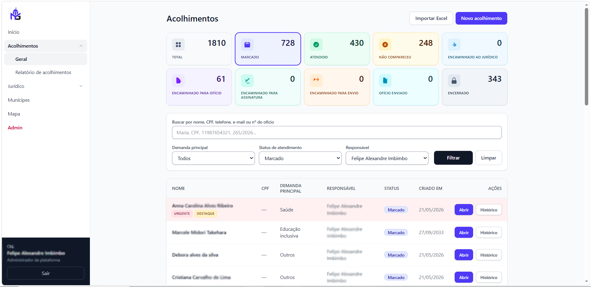 Captura de tela da lista de demandas com filtros e indicadores por status