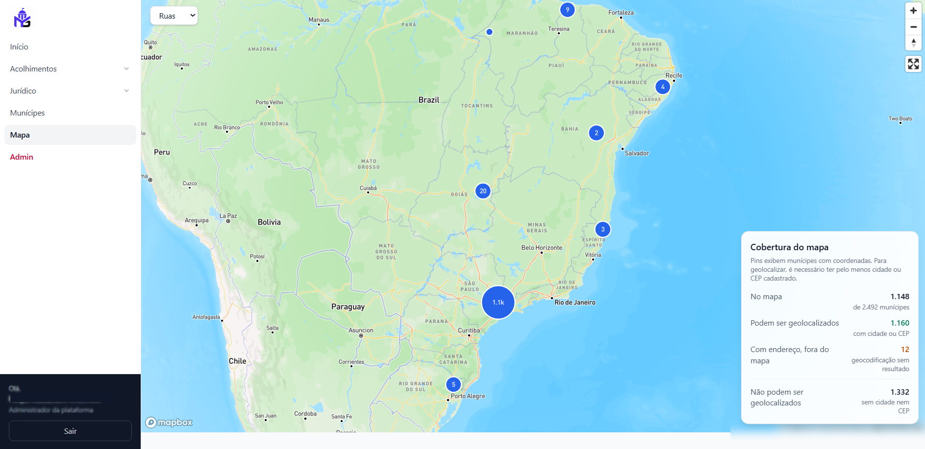 Mapa com munícipes geolocalizados
