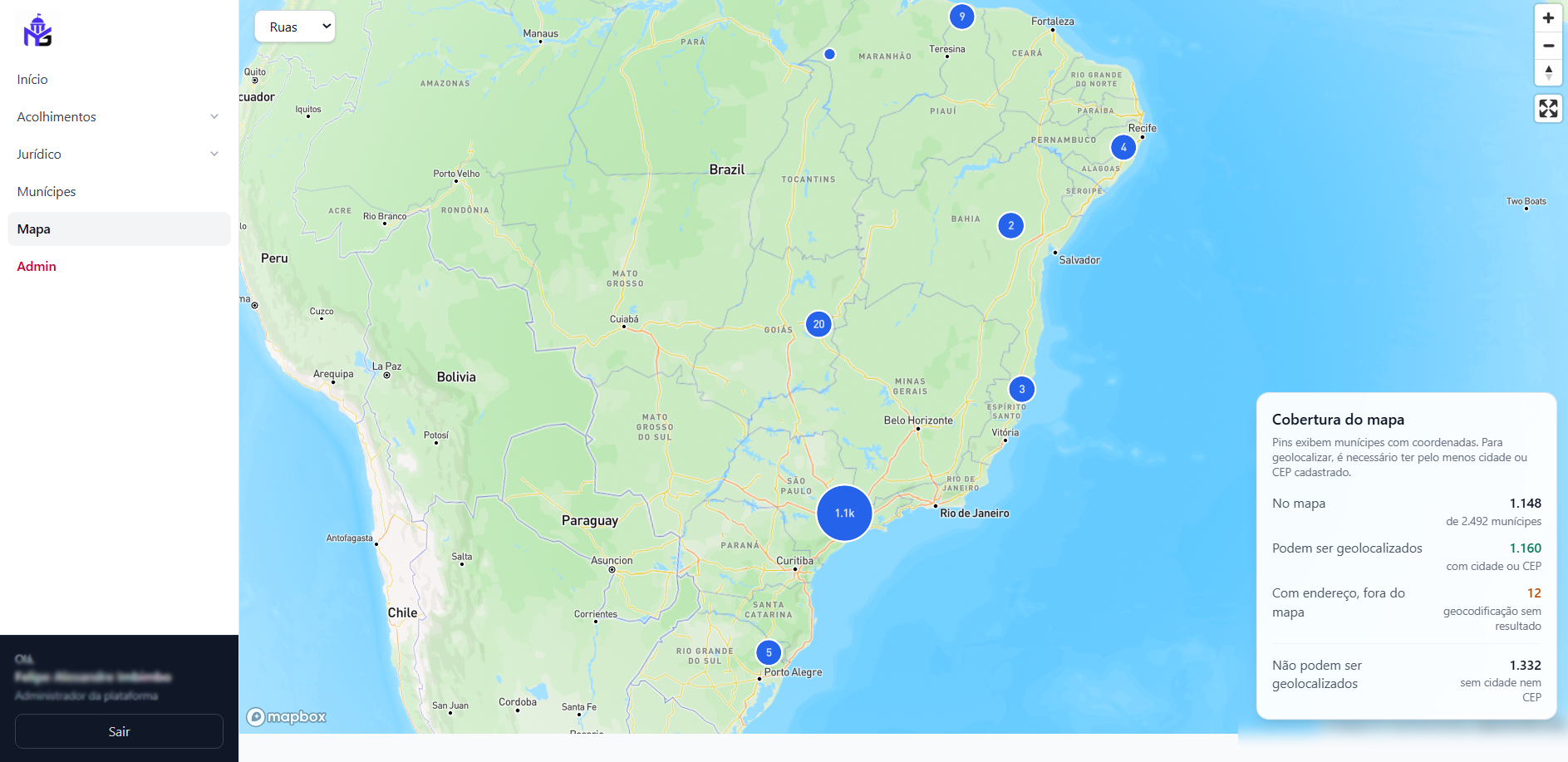 Captura de tela do mapa com pins de munícipes geolocalizados no Brasil
